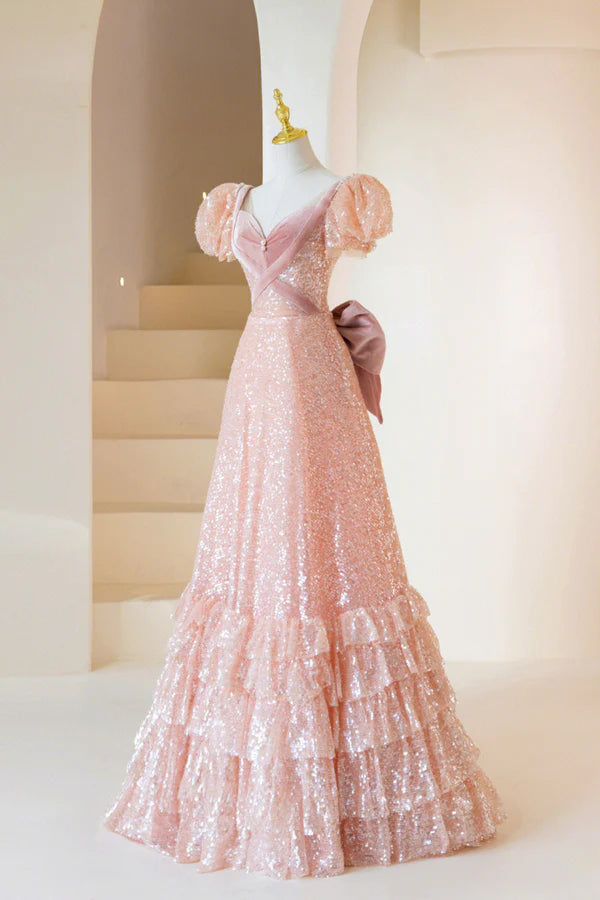 Wholesale Pink Sequins Long Prom Dress A-Line Short Sleeve Evening Dress